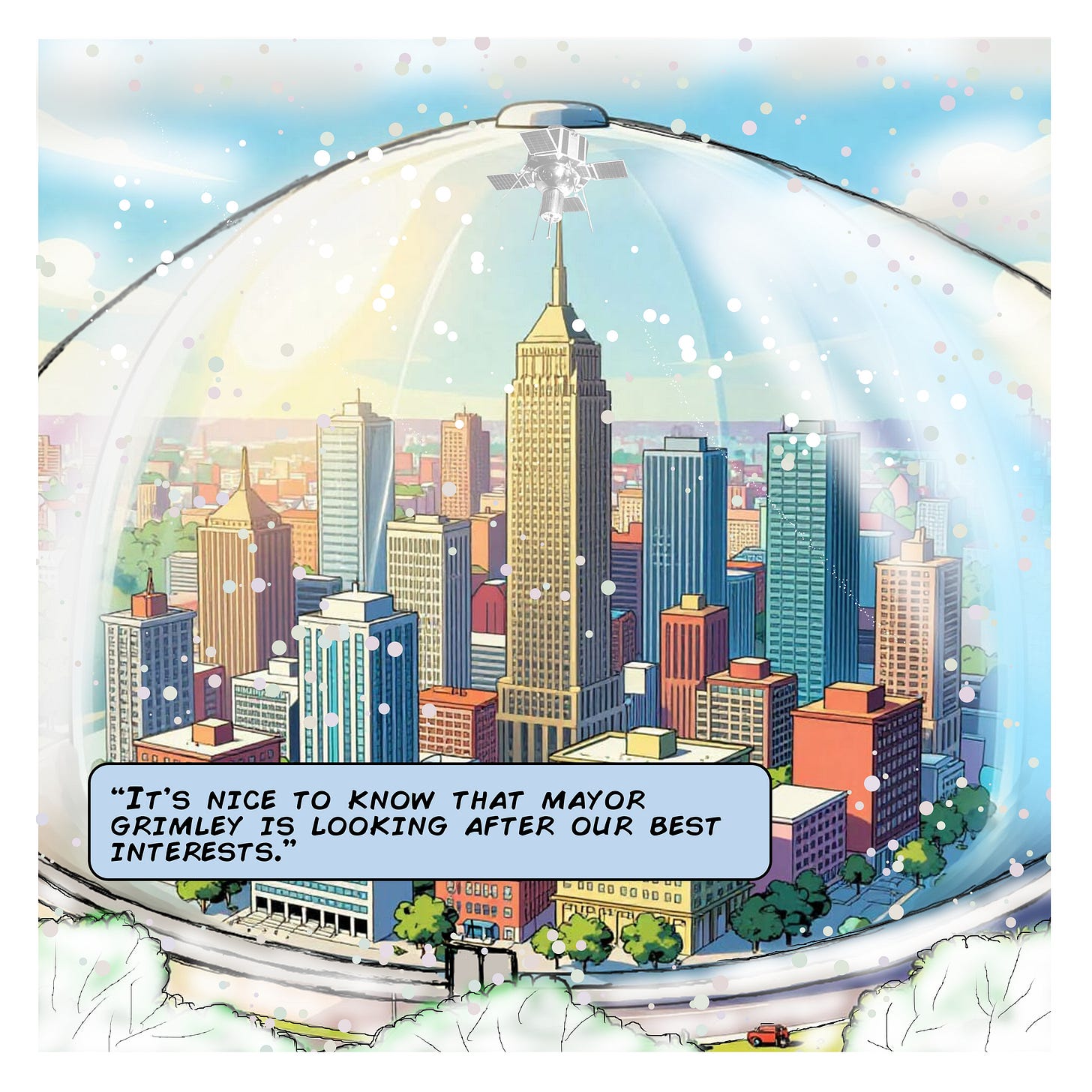 Panel 5: A wide view of the city encased inside a giant transparent dome, snow falling harmlessly outside it. A caption notes that it’s reassuring to know Mayor Grimley is looking out for everyone’s best interests. Panel 5: A wide view of the city encased inside a giant transparent dome, snow falling harmlessly outside it. A caption notes that it’s reassuring to know Mayor Grimley is looking out for everyone’s best interests.