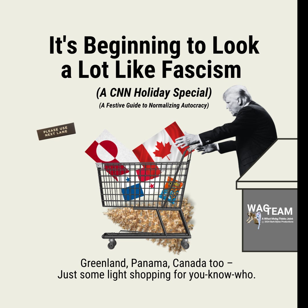 A stark black and white image featuring a shopping cart filled with national flags of Canada, Greenland, and Panama, pushed by a silhouetted figure reaching from the darkness. A 'Please Use Next Lane' sign hovers ironically above, while tinsel spreads across the bottom like a creeping normalcy. WAG TEAM logo watches disapprovingly from the corner as democracy goes on clearance.