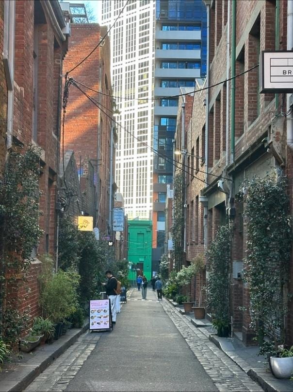 A narrow alley between brick buildings

Description automatically generated