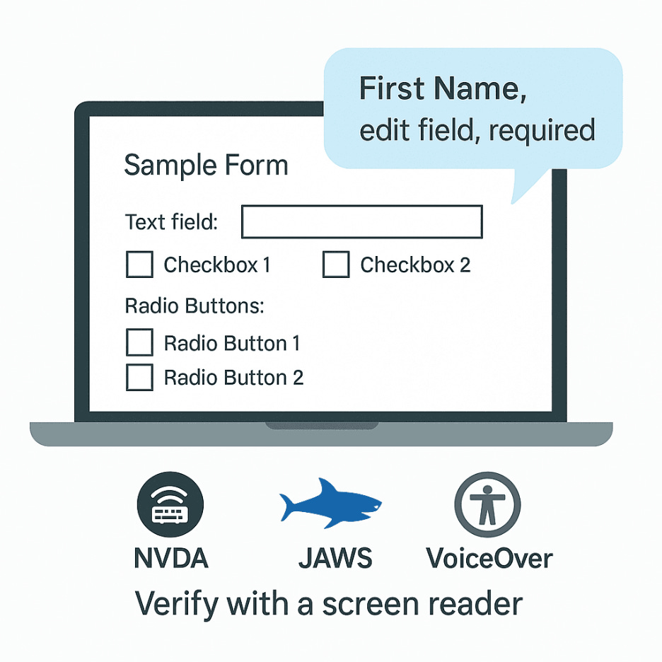 Illustration of a laptop screen showing a sample PDF form with text fields, checkboxes, and radio buttons. A blue speech bubble reads “First Name, edit field, required,” representing how a screen reader announces form fields. NVDA, JAWS, and VoiceOver logos appear below with the text “Verify with a screen reader,” emphasizing ADA Title II PDF accessibility testing.