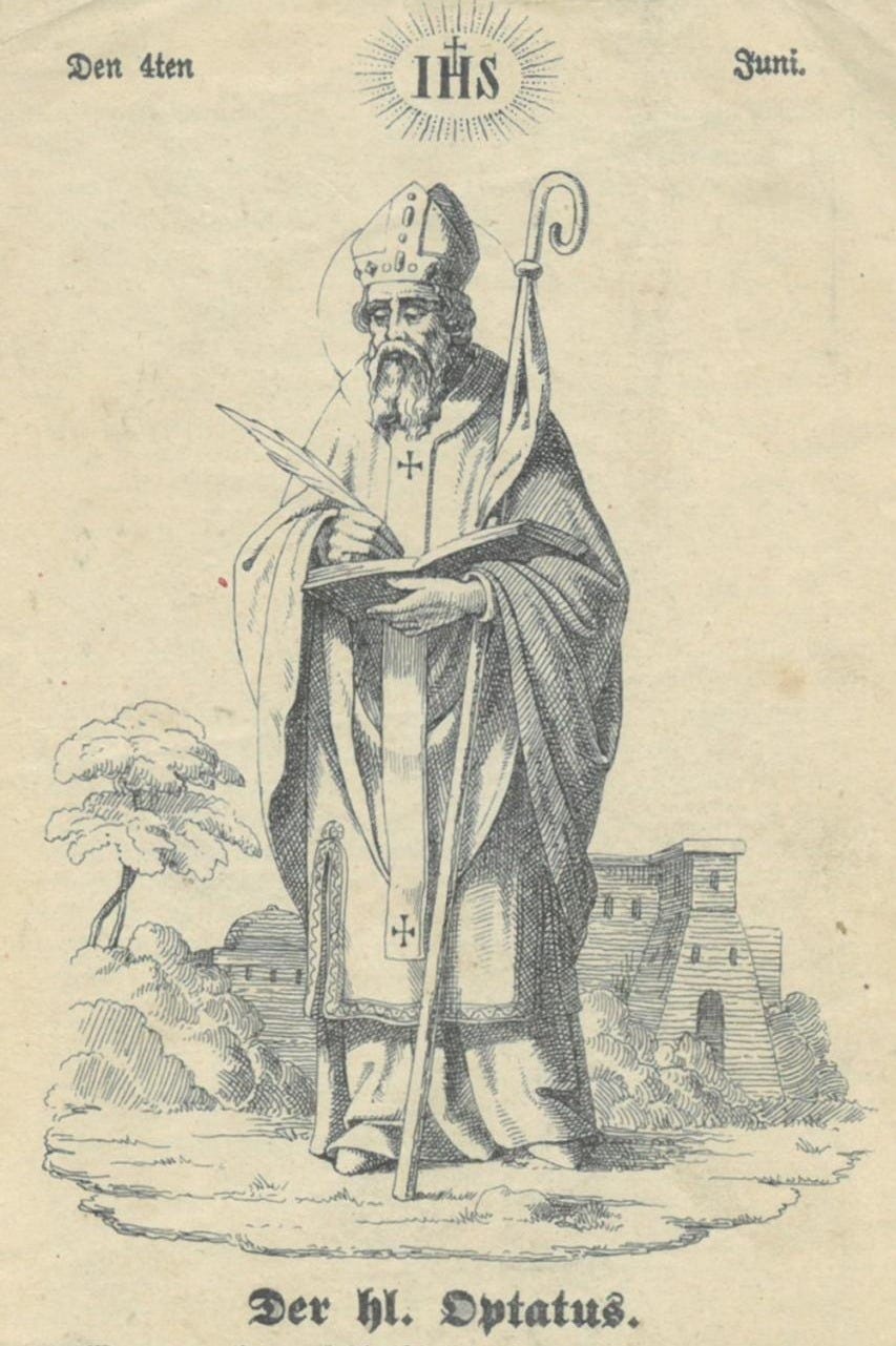 OPTATUS von Mileve. "Der hl. Optatus". Der Bischof von Mileve in Numidien  (heute Mila in Algerien) in Ganzfigur mit einem Krummstab und in einem Buch  schreibend. Darunter Text.: Arte&nbsp;/&nbsp;Grabado&nbsp;/&nbsp;Póster |  Peter Bierl