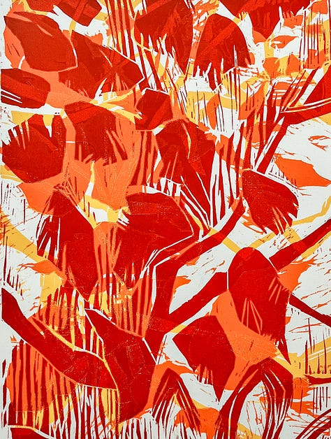 Large scale black and white woodcut by artists, Michael Rich