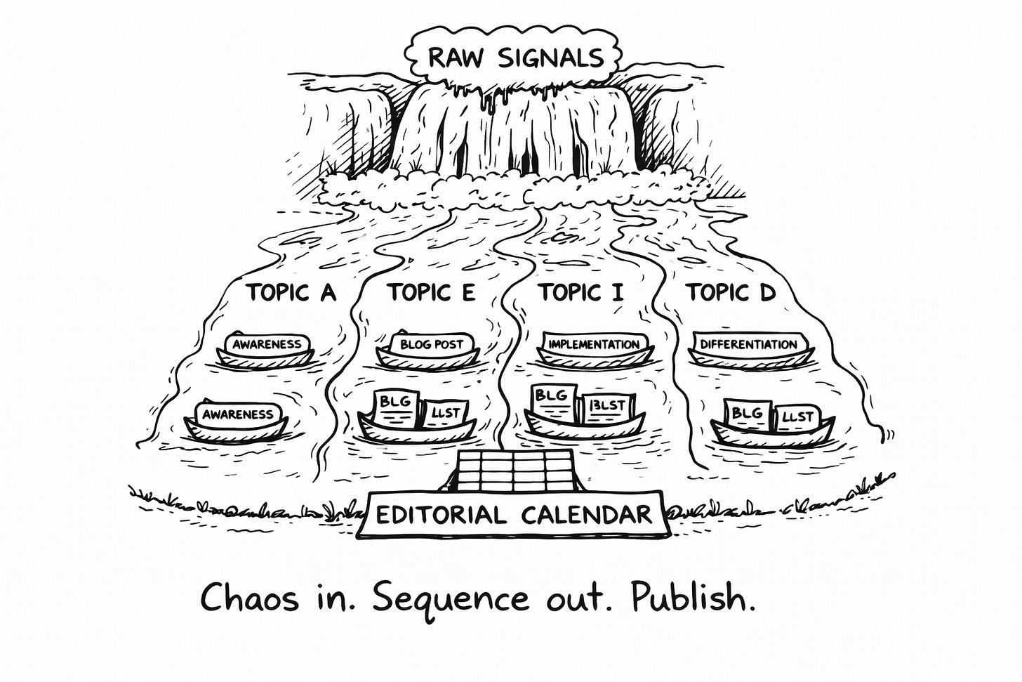 Hand-drawn illustration of raw audience signals flowing as a waterfall that splits into four topic streams with content pieces sorted by awareness education implementation and differentiation stages feeding into an editorial calendar