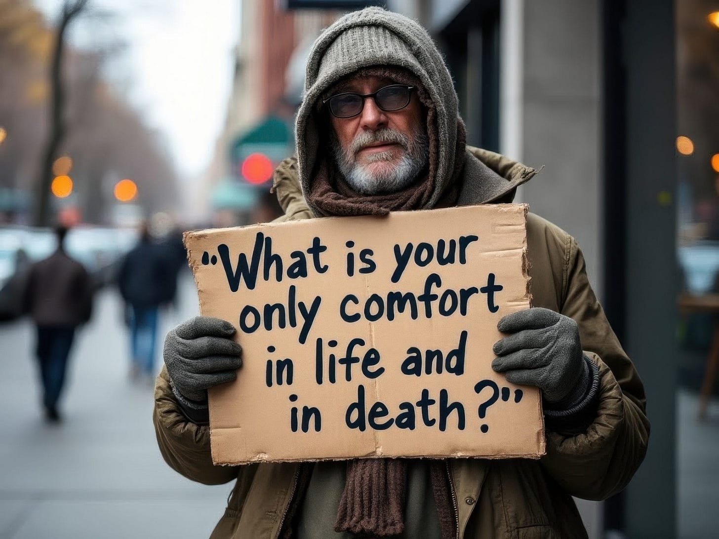 A older gentleman, dressed in warm clothing, stands on street corner holding up a sign with question 1 --, from the Heidelberg. 