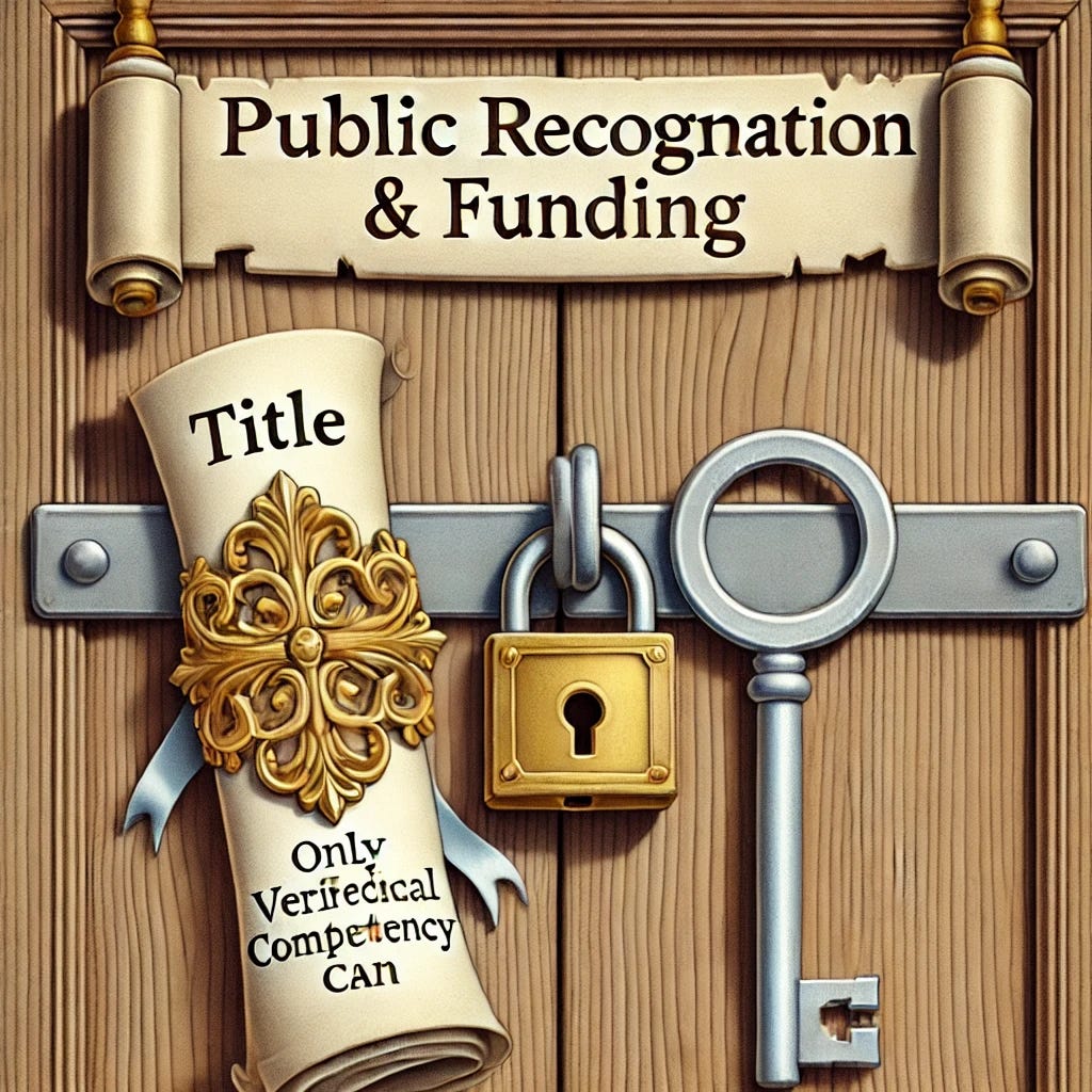 A symbolic illustration of a locked wooden door labeled 'Public Recognition & Funding'. On one side lies a fancy scroll labeled 'TITLE', ornate and decorative but clearly not fitting the lock. On the other side is a simple, sturdy key labeled 'COMPETENCY', perfectly shaped to fit. The scene is metaphorical and modern, representing that titles alone can't unlock trust or funding in healthcare — only verified clinical competency can. The colour scheme includes soft wood tones, gold for the scroll, and metallic silver for the key.