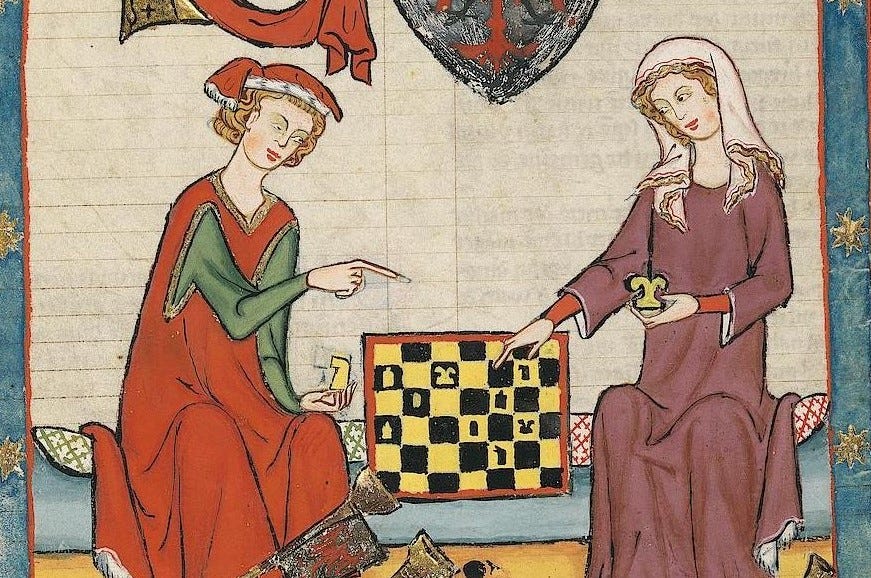 Escena medieval de interacción entre figuras en una miniatura del Codex Manesse.