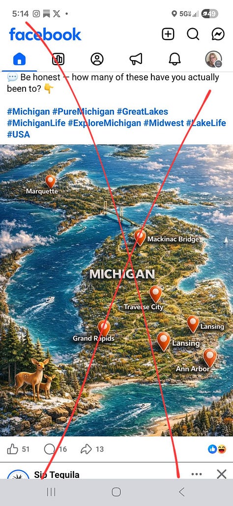 A range of bad AI-generated maps of the Great Lakes region. 