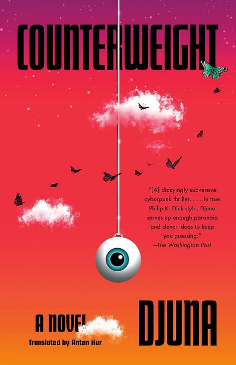 Book covers of In Ascension by Martin MacInnes, Toward Eternity by Anton Hur, The Hole by Hiroko Oyamada, Breasts and Eggs by Mieko Kawakami, and Counterweight by Djuna