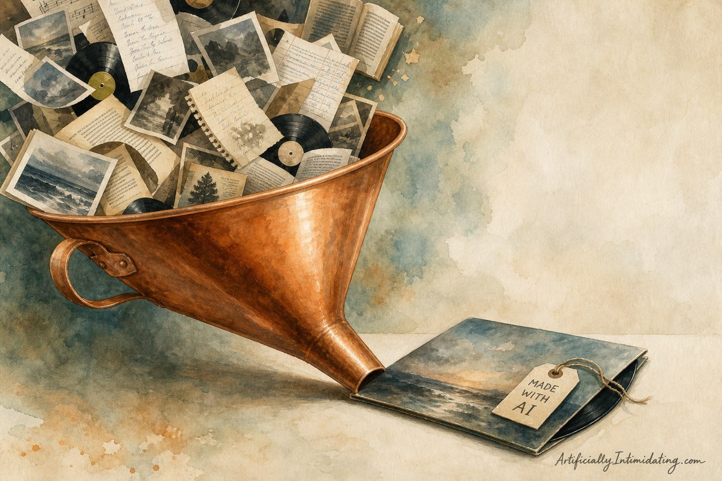 Watercolor of a giant copper funnel swallowing untagged photos, lyric sheets, book pages and records. A single finished record sleeve slides out the bottom wearing a paper tag that reads MADE WITH AI. Watercolor of a giant copper funnel swallowing untagged photos, lyric sheets, book pages and records. A single finished record sleeve slides out the bottom wearing a paper tag that reads MADE WITH AI.