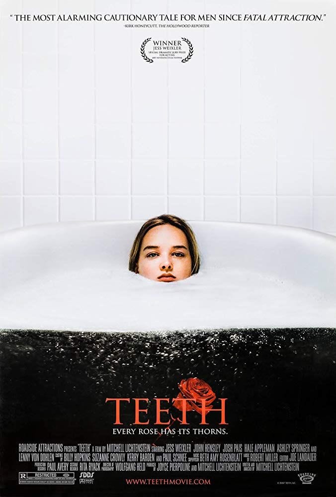 This may contain: a movie poster with a woman in a bathtub and the words teeth on it