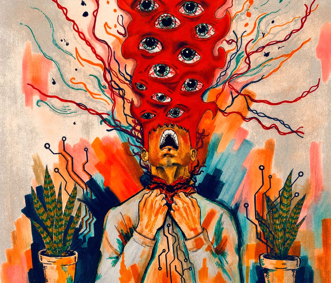 A hand drawn marker and colored pencil illustration of a man clutching his throat, as a dozen eyes explode in a plume of fire and electricity from his forehead. Nodes of electrical traces protrude from two house plants on either side of him.