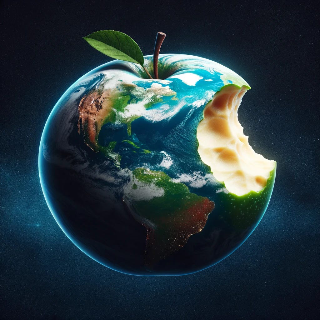 An image of the planet Earth taken from space, a bite taken from the right hand side exposing the flesh of an apple. An apple stalk and leaf pokes out of the top of the planet