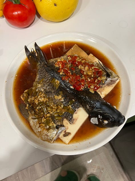 I played around with how to plate + style the dish, the first variation (far right) was a deboned whole fish served head-on, skin-side-up, but it looked kinda jarring