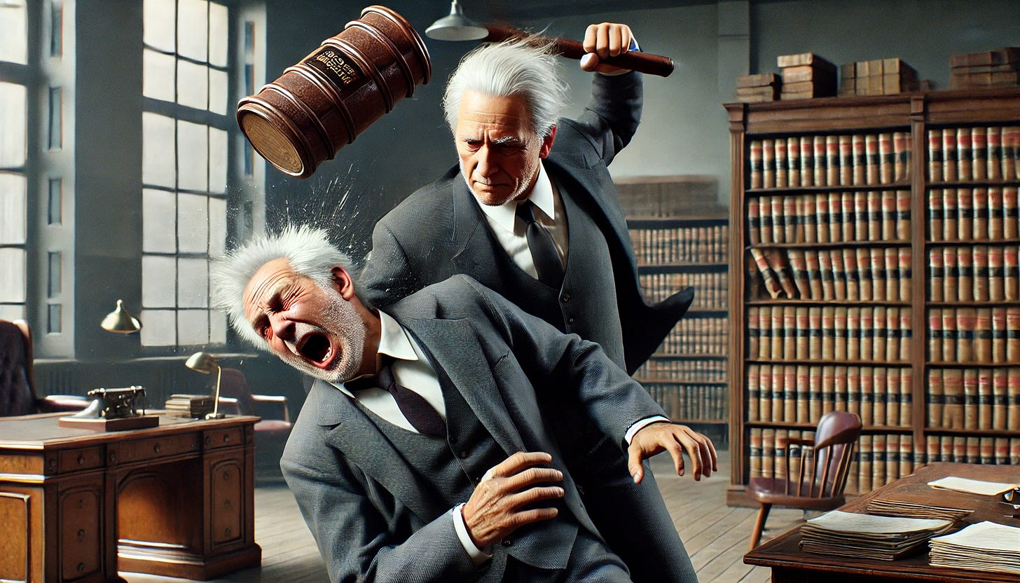 Lawyers bashing each other over the head with legal books
