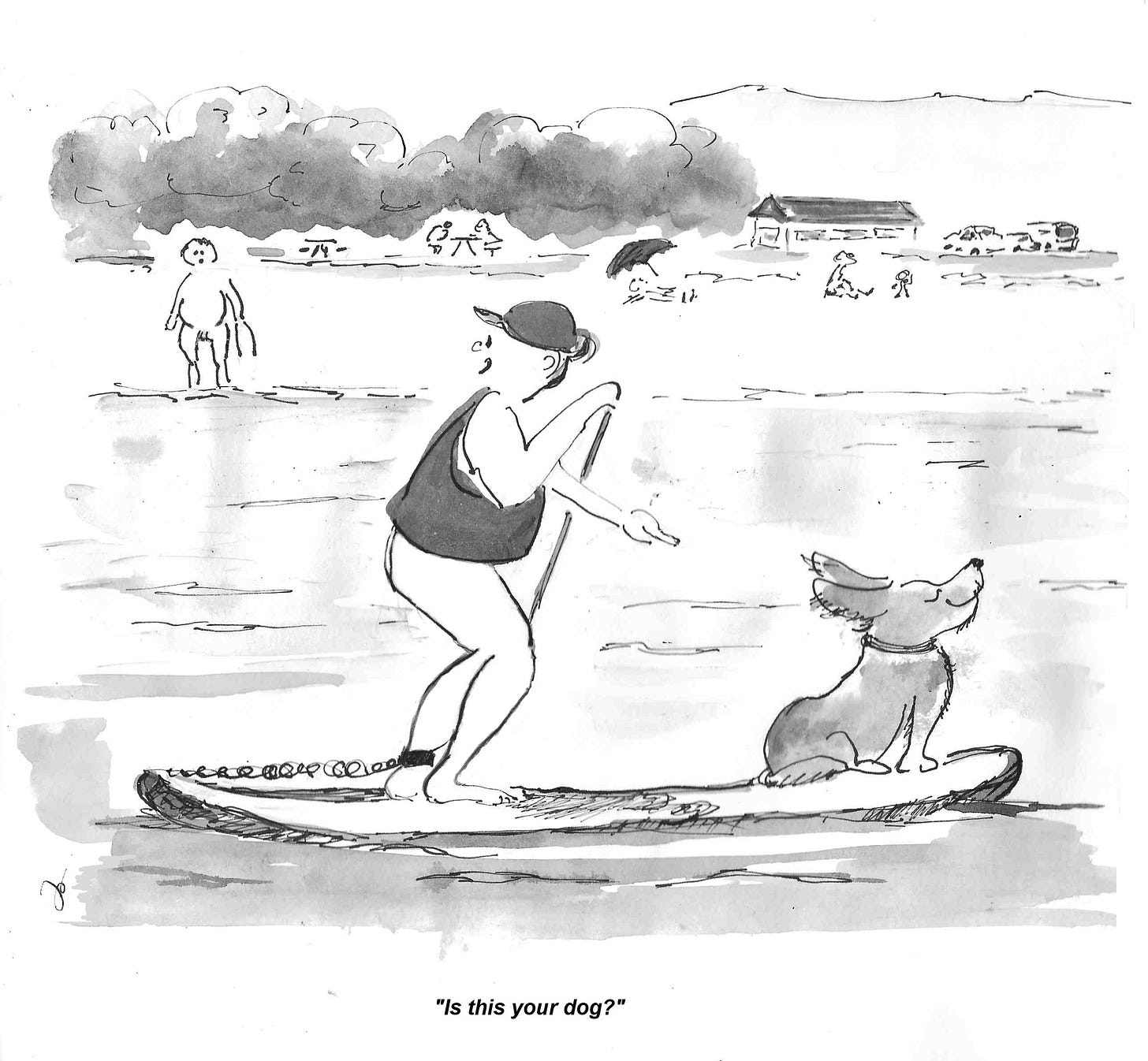 A nude paddleboarder glides across a lake with a dog sitting calmly at the front of the board. From the shore, another nude person calls out, “Is this your dog?” A nude paddleboarder glides across a lake with a dog sitting calmly at the front of the board. From the shore, another nude person calls out, “Is this your dog?”
