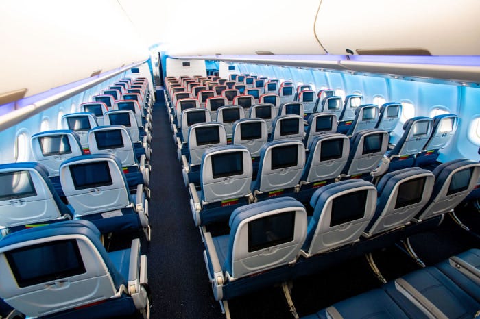 Aisle view of the new A330 Neo's Main Cabin and Comfort+ sections. Aisle view of the new A330 Neo's Main Cabin and Comfort+ sections.
