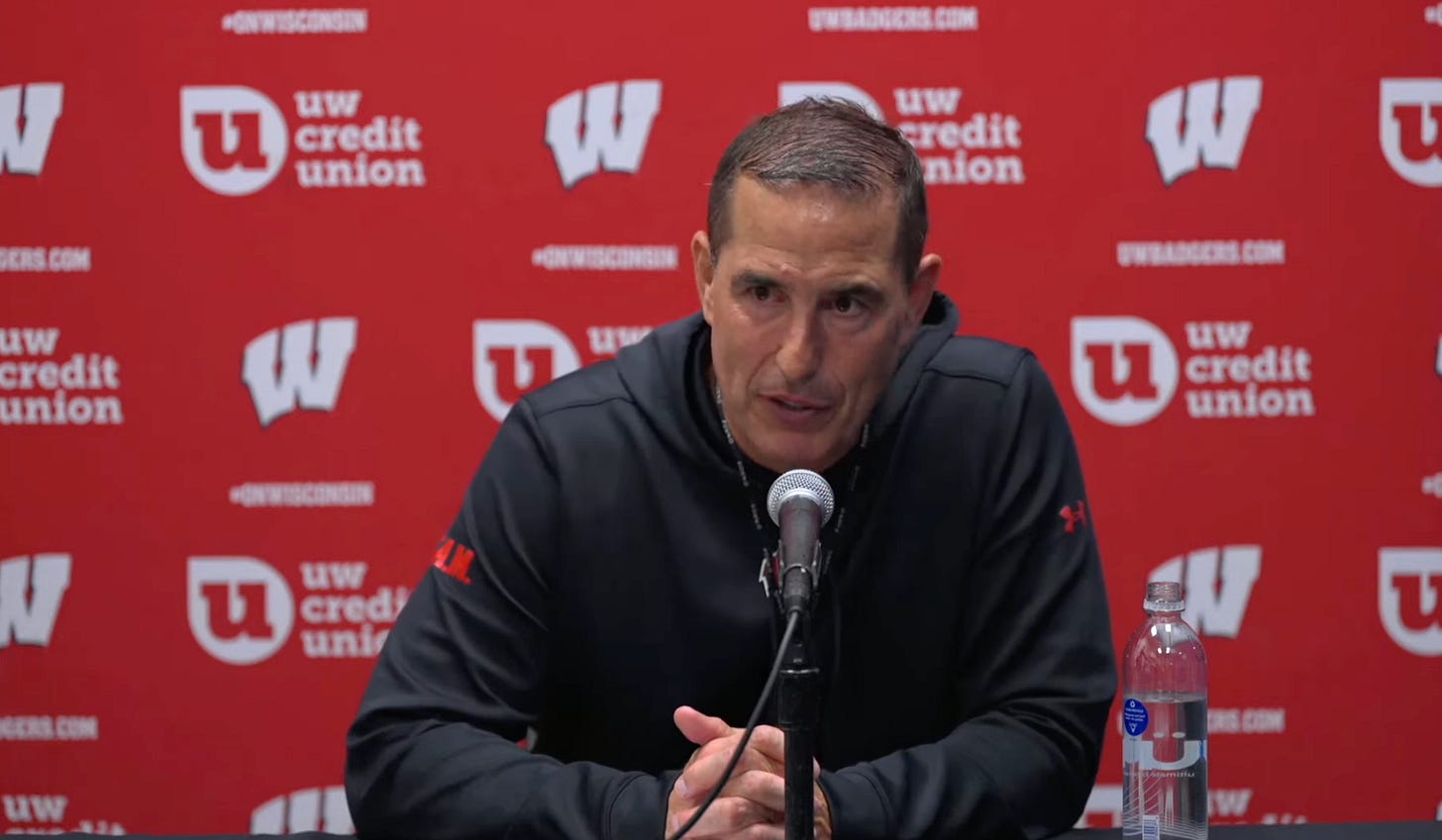 Wisconsin football coach Luke Fickell addresses reporters during his postgame press conference following the loss to UCLA. Wisconsin football coach Luke Fickell addresses reporters during his postgame press conference following the loss to UCLA.