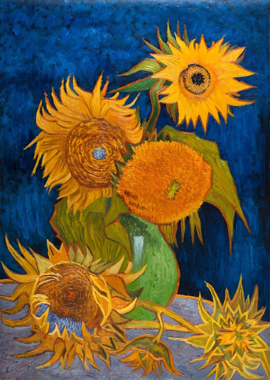 Vase with Five Sunflowers Van Gogh Reproduction, hand-painted in oil on canvas Vase with Five Sunflowers Van Gogh Reproduction, hand-painted in oil on canvas