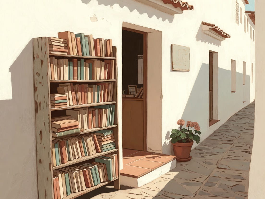 Old books outside of a shop in a rustic Spanish town