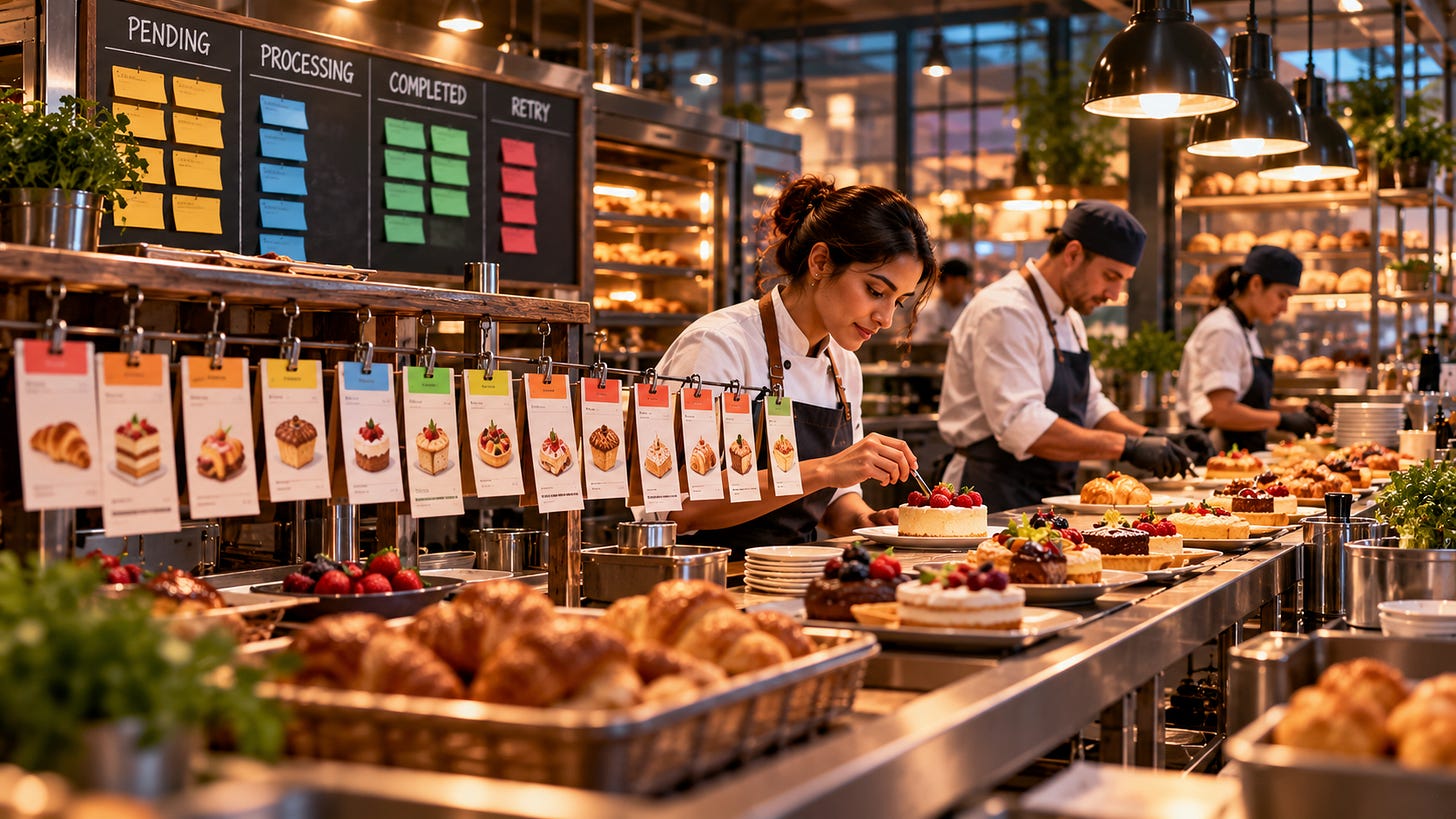 Bakery chefs managing prioritized orders, retries, and completed tasks in a busy production kitchen. 