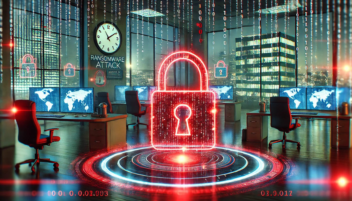 A high-definition illustration of a ransomware attack, showing a corporate office digitally locked with a glowing red lock hologram. The environment is eerie with a blend of technological menace—lines of binary code, a countdown timer, and warning signs on screens in the background. The scene symbolizes urgency and vulnerability.