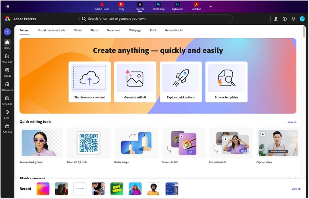 Screenshot of Adobe Express 2025 interface showing AI-powered design tools and creative automation features inside the Adobe Creative Cloud suite.
