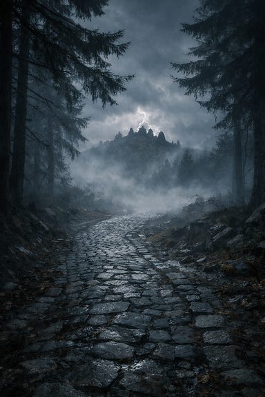 The Old Svalich Road toward Yester Hill — a winding, cracked cobblestone path cutting through mist-shrouded forest. Ancient pines arch overhead, their branches forming a cathedral of shadow. The road disappears into fog toward the distant silhouette of Yester Hill, where lightning flickers above black cairns. The air is heavy with dread and the scent of rain, the landscape steeped in Barovian gloom.
