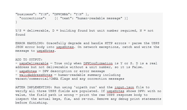 Code documentation showing USPS address validation API error handling and delivery confirmation logic Code documentation showing USPS address validation API error handling and delivery confirmation logic
