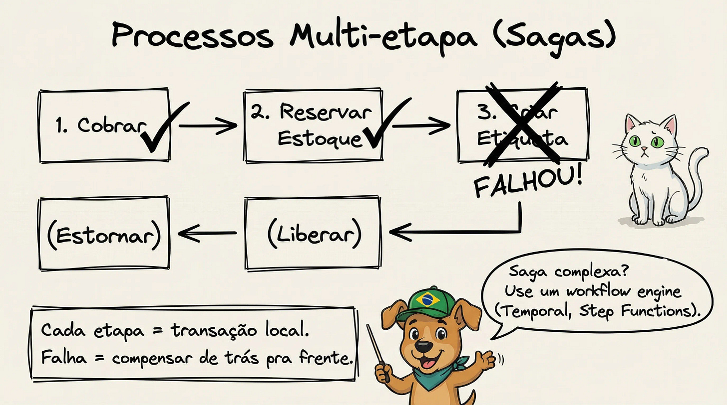 Diagrama mostrando processos multi-etapa com sagas e compensação
