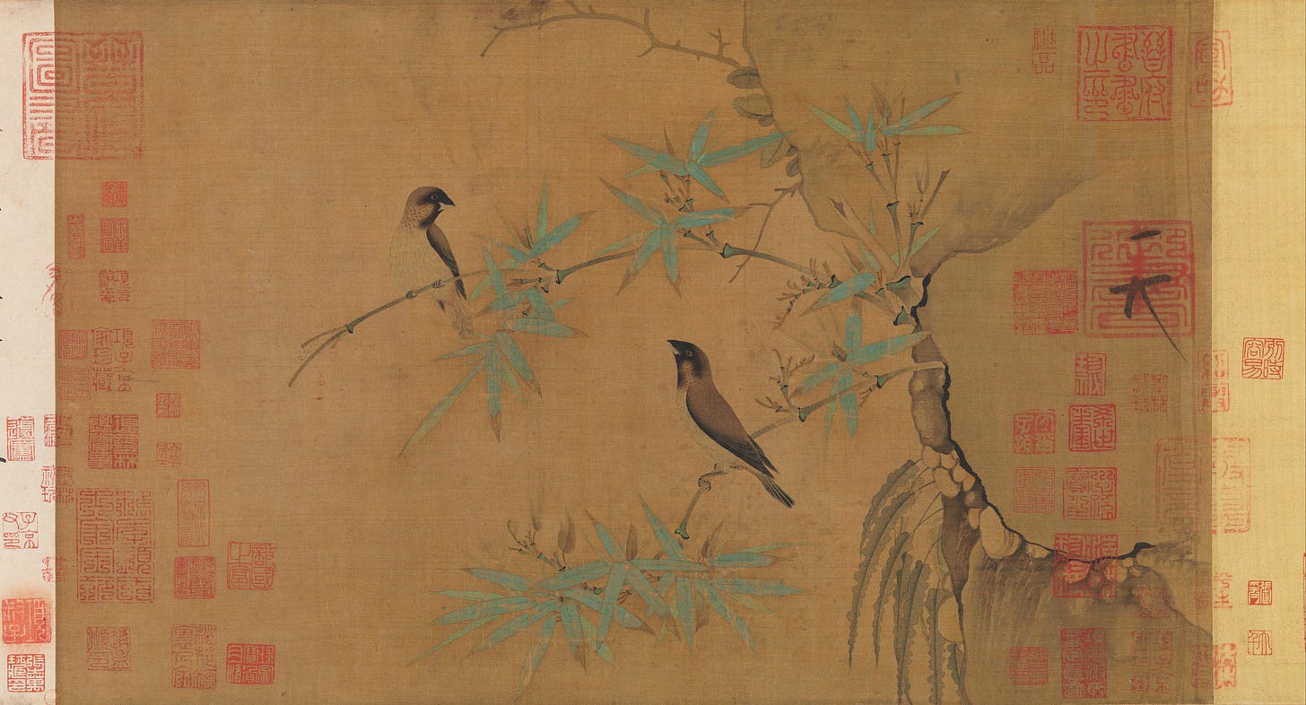 Finches and bamboo, Emperor Huizong (Chinese, 1082–1135; r. 1100–25), Handscroll; ink and color on silk, China