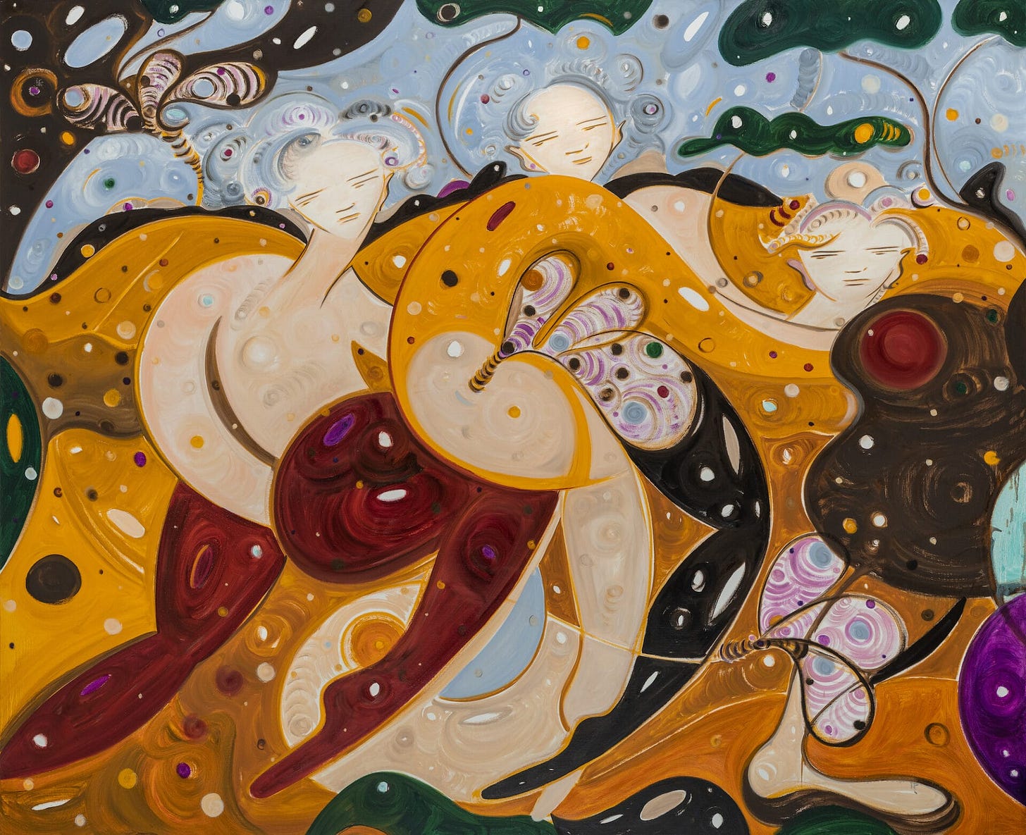A colorful, abstract oil painting of three figures in front of a blue, green, and orange background with colorful spots and dashes.
