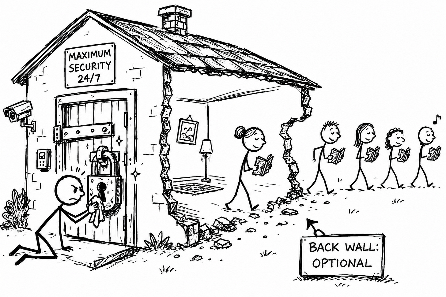 Hand-drawn illustration: a stick figure obsessively polishes an oversized padlock on a fortified front door marked "MAXIMUM SECURITY 24/7," while the back wall of the house is missing and stick figure readers walk out the gap past a sign reading "BACK WALL: OPTIONAL." Illustrates the failure mode of AI detection anxiety in the creator economy: detection-proofing while audience trust drifts out unwatched. Hand-drawn illustration: a stick figure obsessively polishes an oversized padlock on a fortified front door marked "MAXIMUM SECURITY 24/7," while the back wall of the house is missing and stick figure readers walk out the gap past a sign reading "BACK WALL: OPTIONAL." Illustrates the failure mode of AI detection anxiety in the creator economy: detection-proofing while audience trust drifts out unwatched.
