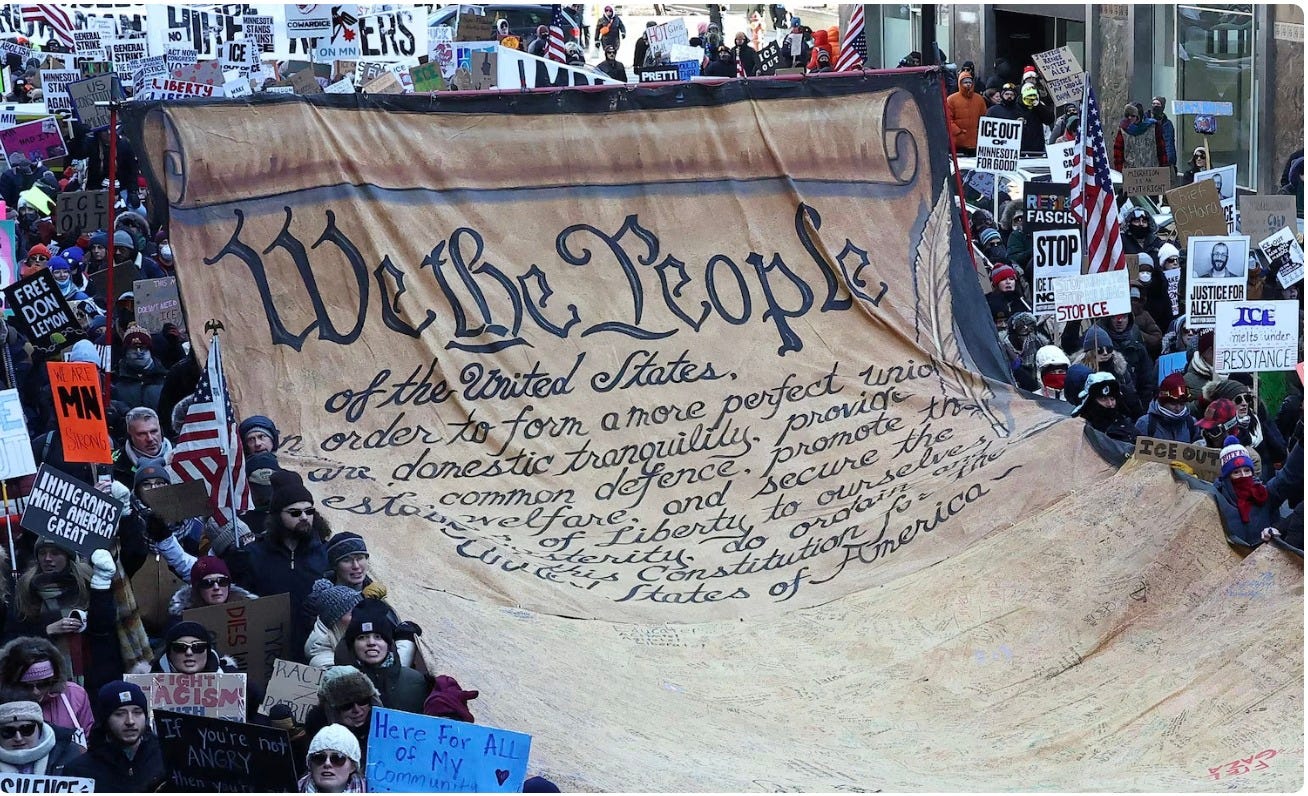 May be an image of crowd and text that says 'PRETTI หมีโยน FREE 2 DON LEMON FASCIS STOP STOPICE E GREAT INMIGRANT HALINECRONTS AKERIC GRANTS USTICEFOR ICE meelts urider RESSTANCE Be Leople oftre Vrited States. perfect provia unio order form amore a/z domestic tranguilily. defence. dej promote the , esto .common relfare efare., and secure to ordait= ourse erity CERES states stitution CuclerA Here For ALL Comen of My'