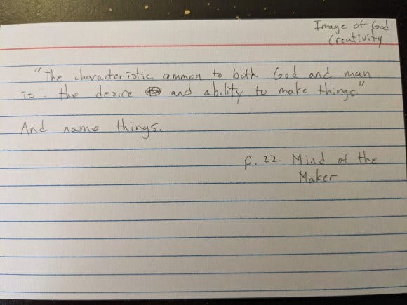Index card with a note from Mind of the Maker