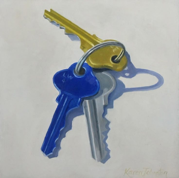 This may contain: a painting of two keys attached to each other This may contain: a painting of two keys attached to each other