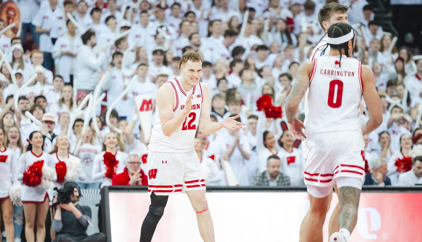 Wisconsin Badgers forward Austin Rapp celebrates after hitting a big shot at the Kohl Center. Photo credit: Dane Sheehan.