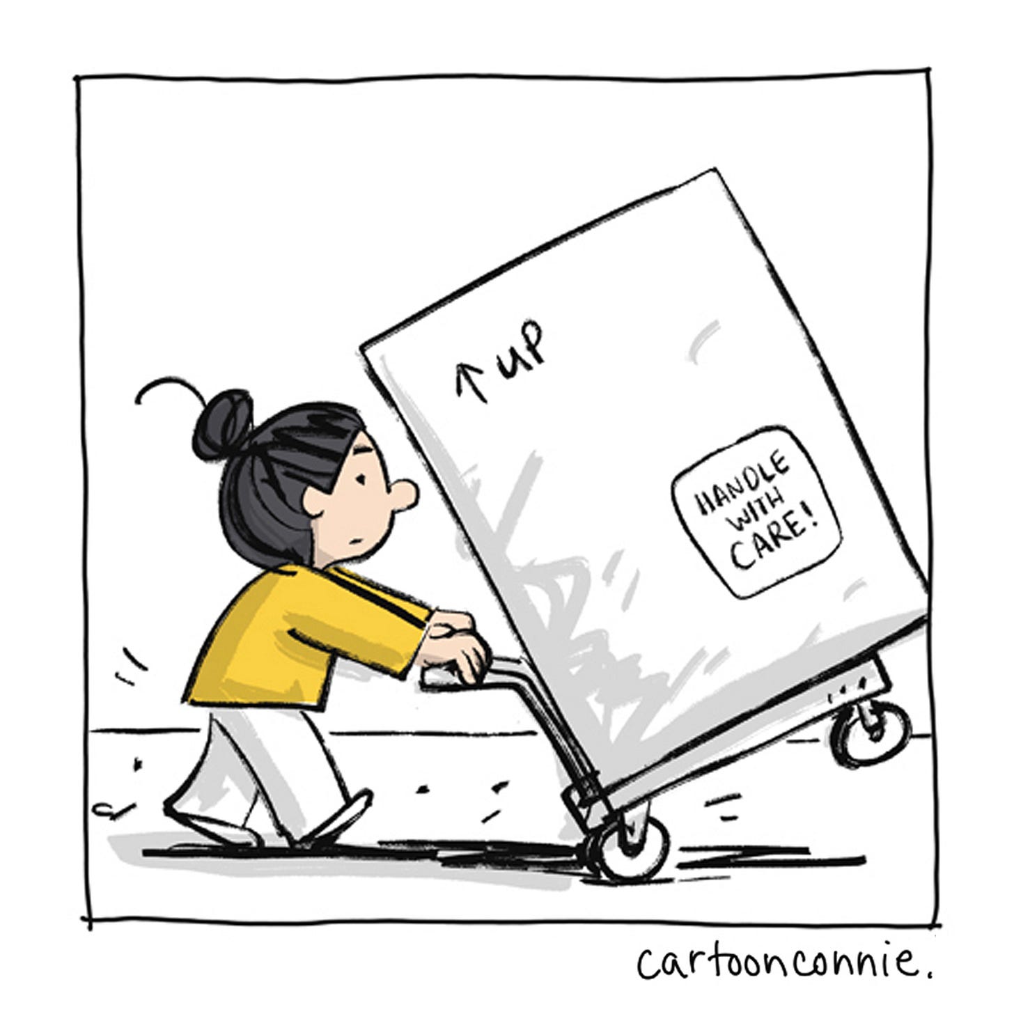 Panel 9 of 12 of a 2-page wordless illustrated comic, titled "Art Can Be A Good Companion," 2026, original artwork by Connie Sun, cartoonconnie. Panel 9 of 12 of a 2-page wordless illustrated comic, titled "Art Can Be A Good Companion," 2026, original artwork by Connie Sun, cartoonconnie.