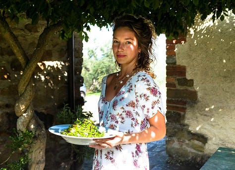 A series of six photos depicting food from Tuscany. Dishes include quiches, fresh fruits, tomatoes, a glass of wine, a pasta dish, and a female presenting person holding a plate of food. 