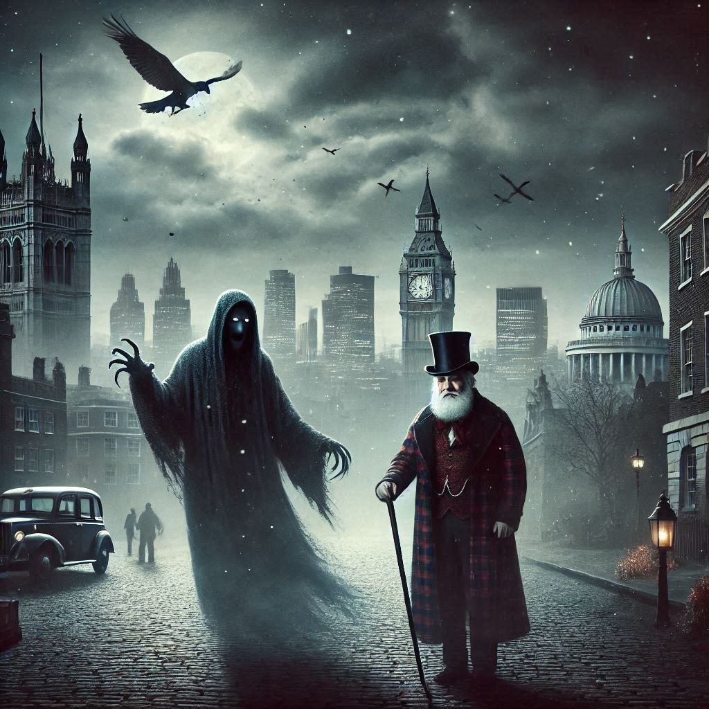Fantasma do Natal Passado e Sr. Scrooge, Londres ao longe, imagem escura