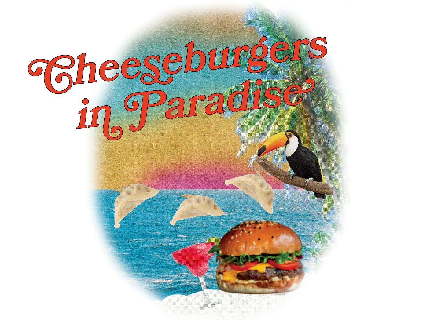 Collage of a cheeseburger and margarita on a beach with dumplings in place of dolphins in the water