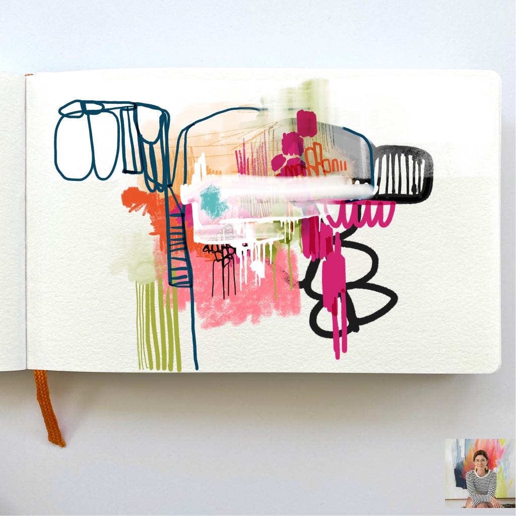 a photo of an open art journal with abstract artwork by artist Sara Schroeder a photo of an open art journal with abstract artwork by artist Sara Schroeder