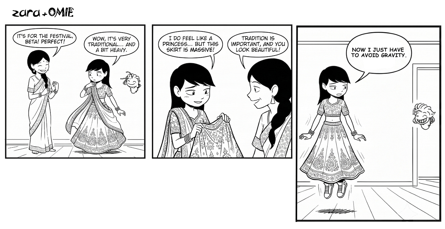 Ma helps Zara get ready for a festival, and Zara decides her biggest challenge is avoiding gravity.