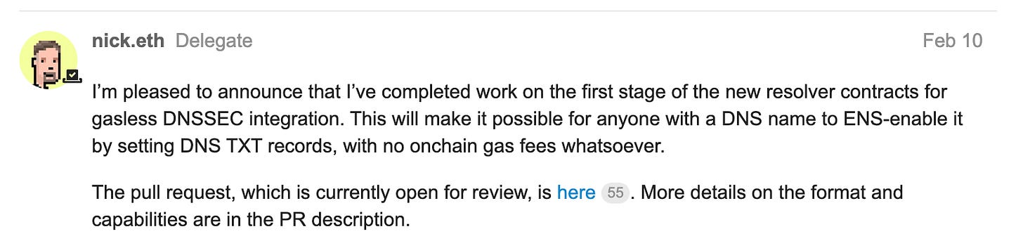 Nick on the ENS Discussion Forum about DNSSEC status