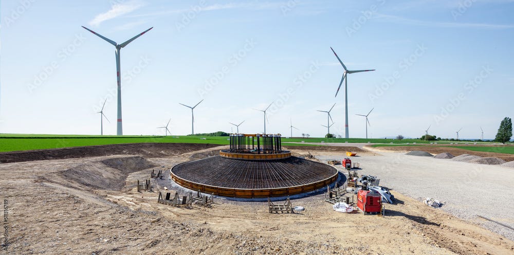 Construction site. Foundations of wind turbines with concrete and steel.  building wind turbines. metalwork in the foundation of a wind turbine base.  Wörrstadt, Germany Stock Photo | Adobe Stock