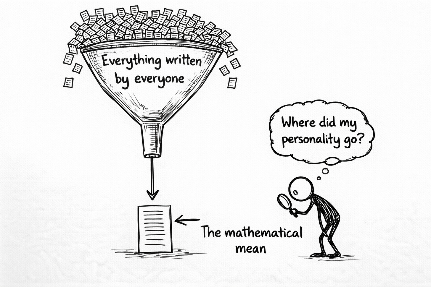 Hand-drawn illustration of a large funnel labeled “Everything written by everyone” producing a single document labeled “The mathematical mean.” Stick figure examines the output asking where their personality went. Visual explanation of generic AI writing. Hand-drawn illustration of a large funnel labeled “Everything written by everyone” producing a single document labeled “The mathematical mean.” Stick figure examines the output asking where their personality went. Visual explanation of generic AI writing.