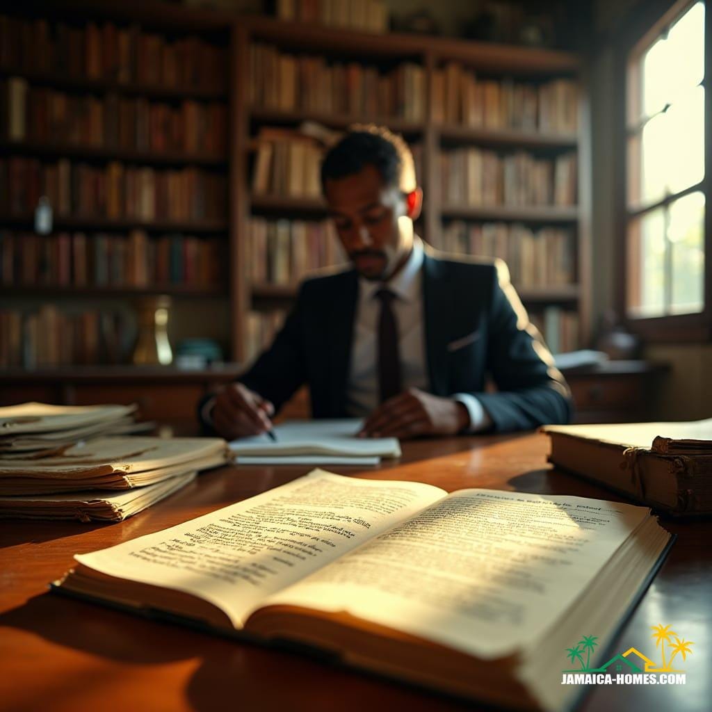 A Jamaican property title office, warm, natural light pours in through large windows, illuminating rows of wooden shelves lined with dusty property records and leather-bound title books.