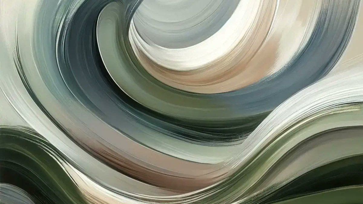 An abstract oil painting of a spring scene with fewer brush strokes, focusing on broad, sweeping swirls in muted tones of greens, browns, and grays.