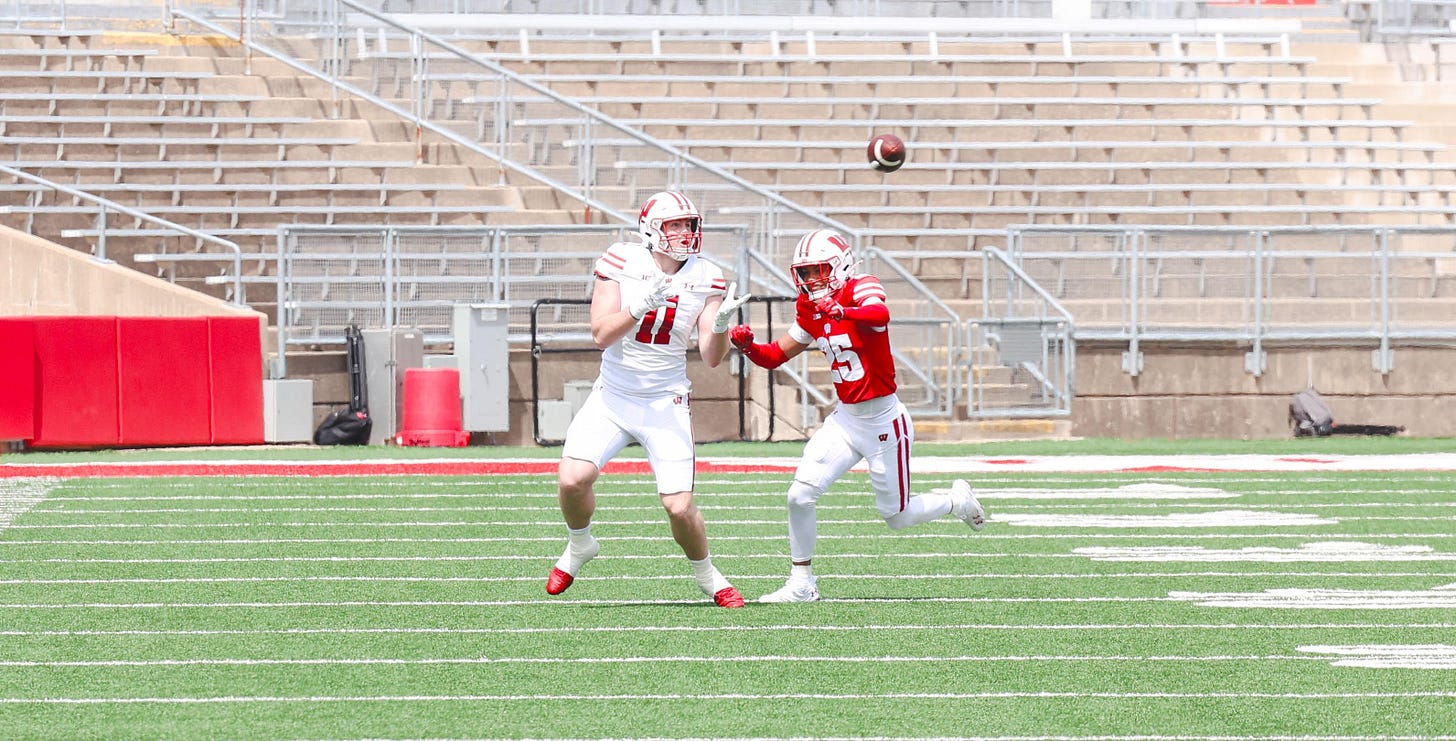 Wisconsin Badgers tight end Tucker Ashcraft catches a pass during the Spring Showcase at Camp Randall Stadium. Wisconsin Badgers tight end Tucker Ashcraft catches a pass during the Spring Showcase at Camp Randall Stadium.