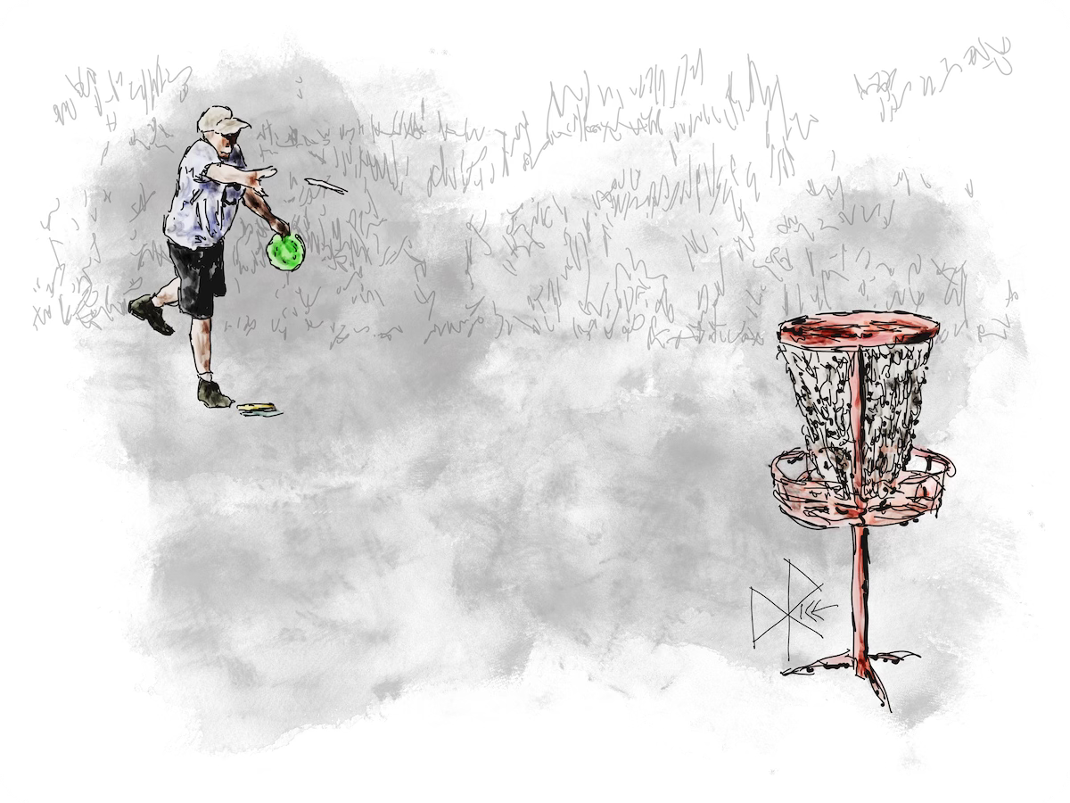 A man in shorts and t-shirt playing Disc Golf, throwing the frisbee at the target basket. Sketch art by Don Rice.