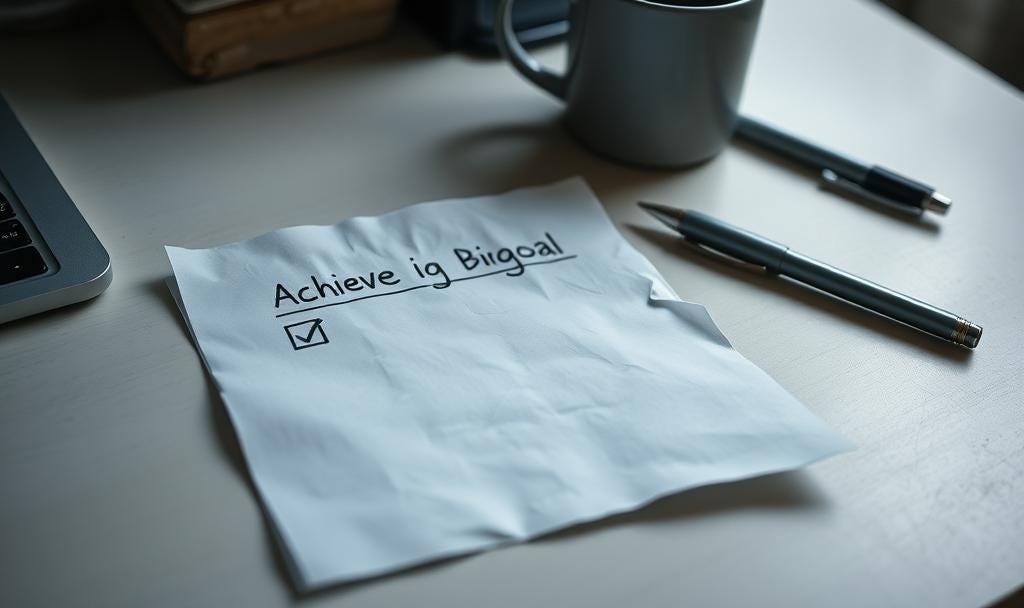A crumpled piece of paper on a desk with a handwritten checklist reading “Achieve big goal” and a checked box, placed next to a coffee mug, pens, and part of a laptop — evoking the emotional letdown after completing a major goal.